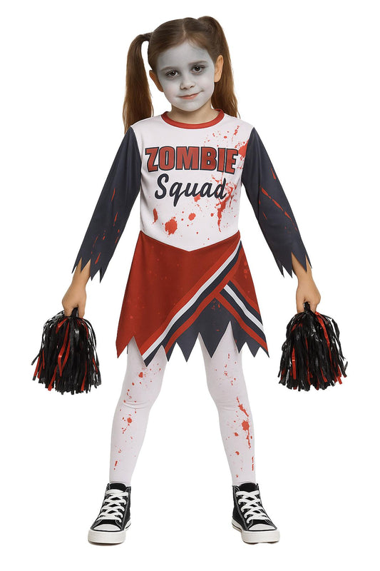 A2Z 4 Kids Girls Zombie Cheerleader Halloween Attire Top Shredded Sleeves Long Bloody Socks Cheerleading Pom Poms Outfit Halloween Parties and Trick or Treating