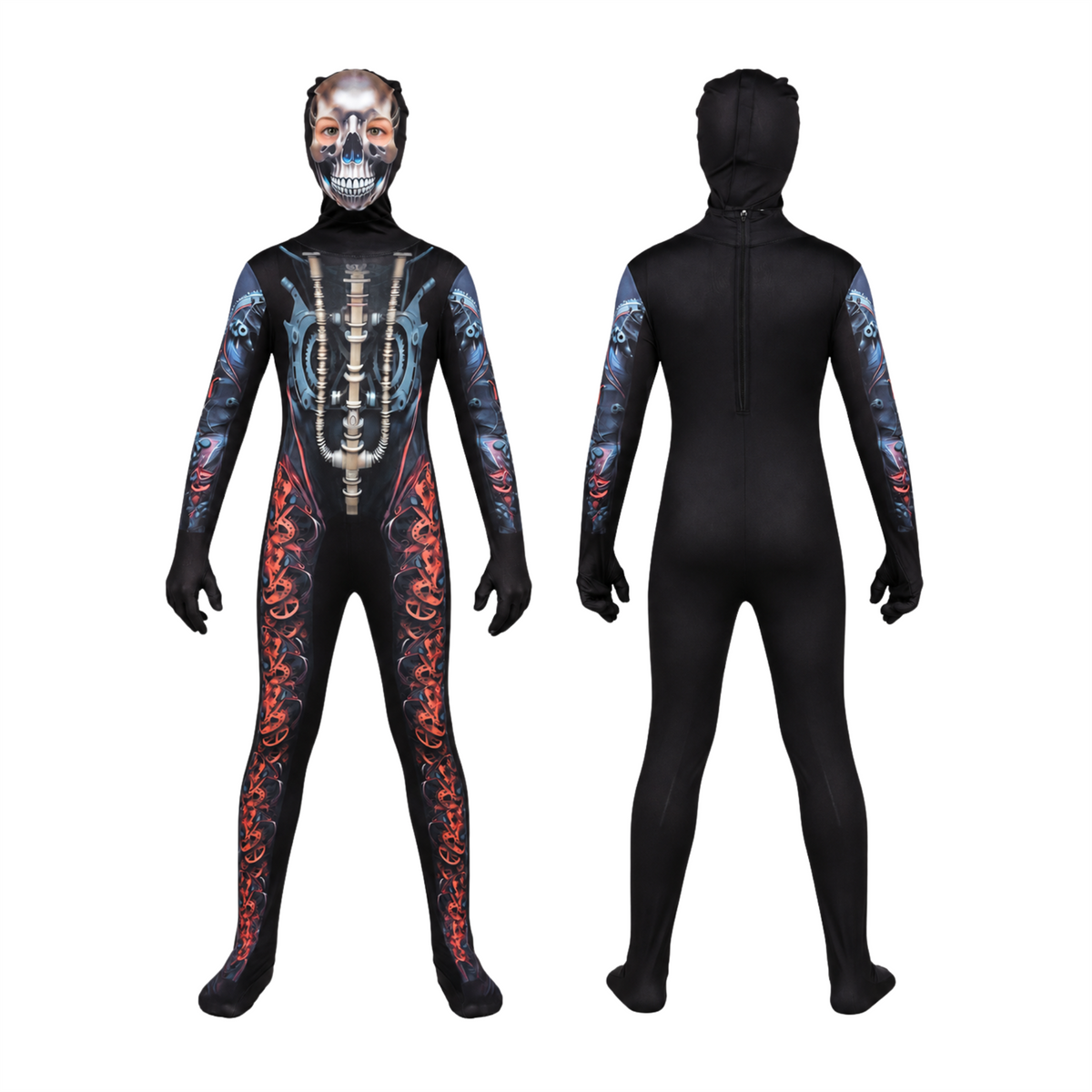 Boys Girls Mecha Skeleton Halloween Costume with Skull Mask Scary Jumpsuit 3-14