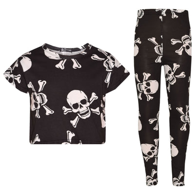 A2Z 4 Kids Girls Tops Kids Designer's Skull Cross Bones Print Crop Top & Legging Set Halloween Outfit Age 5 6 7 8 9 10 11 12 13 Years - A2Z 4 Kids