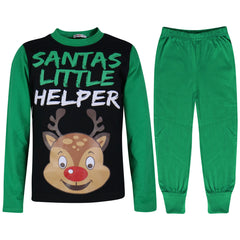 Kids Girls Boys Pyjamas Santas Little Helper Reindeer Contrast Sleeves Xmas PJS