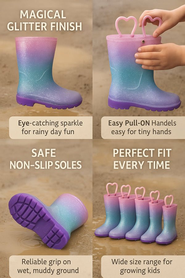Kids Girls Glitter Rainbow Gradient Wellington Boots Heart Handle PVC Rain Boot