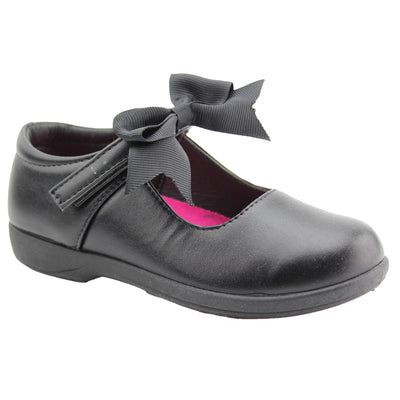 A2Z 4 Kids Girls Touch Fasten Black PU Leather Shoes With Bow Back to School - A2Z 4 Kids