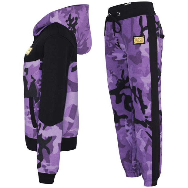 A2Z 4 Kids Girls Cotton Tracksuit Camouflage Purple Fleece Hoodie Top Joggers Bottom Suit Set Age 5-13 years