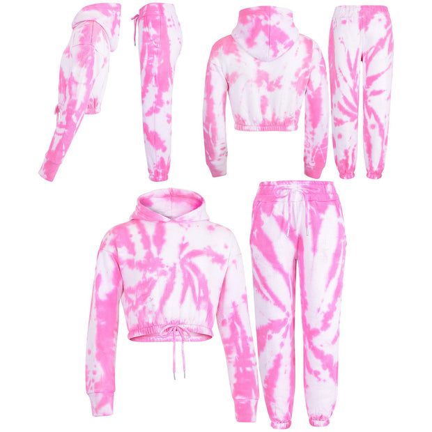 Kids Tie Dye Tracksuit Gym Cropped Hoodie Sweatpants Cord Set Girls Age 5-13