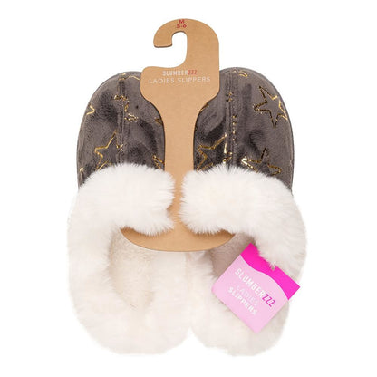 A2Z Ladies Foil Heart and Star Mule Slippers Warm Faux Fur Lined Indoor Shoes