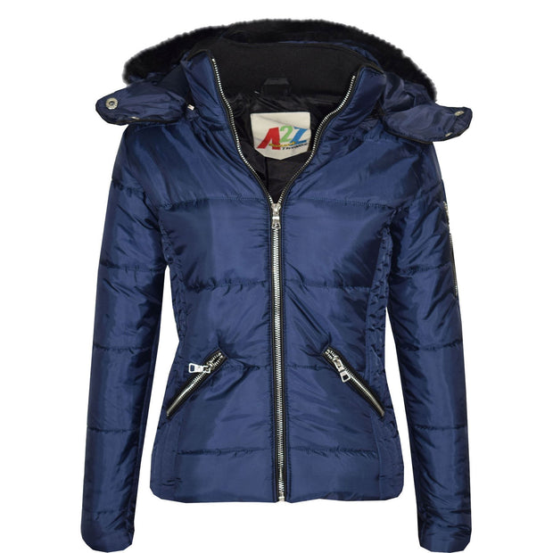 A2Z 4 Kids Quilted Puffer Coat Padded Puffer Jacket Navy Faux Fur Collar Detachable Hood New Winter Fashion For Girls Age 3-13 Years