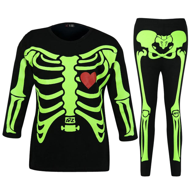 Girls Tops Skeleton Print Neon Green T Shirt Top & Legging Set Halloween Costume - A2Z 4 Kids