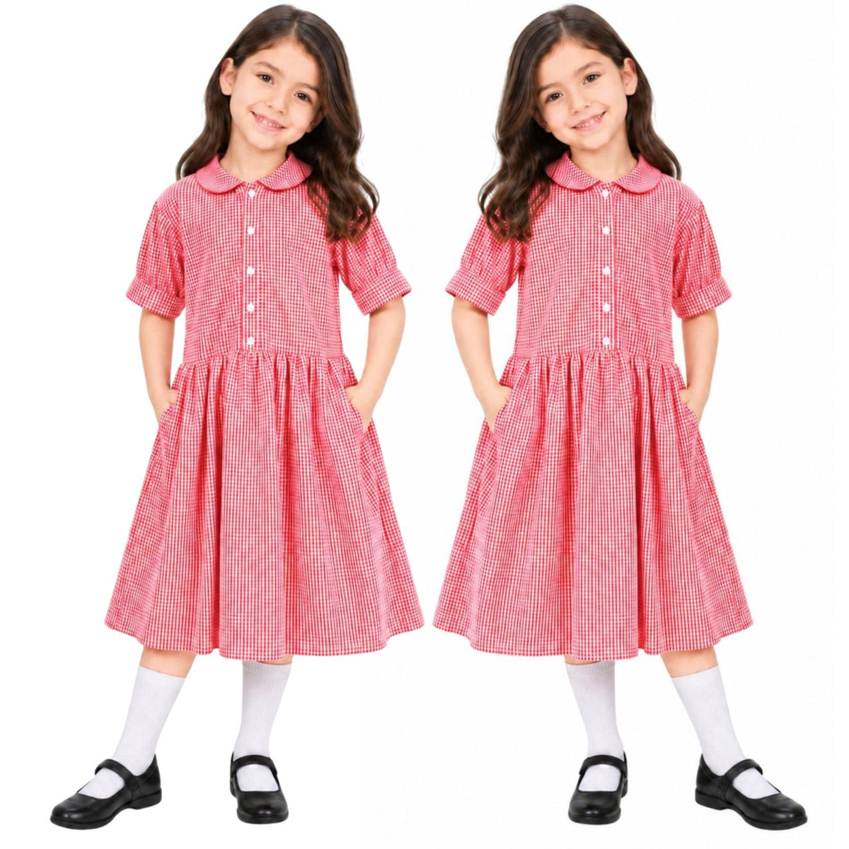 Girls School Gingham Dress Pack Of 2 Check Print Front Button Closure Dresses