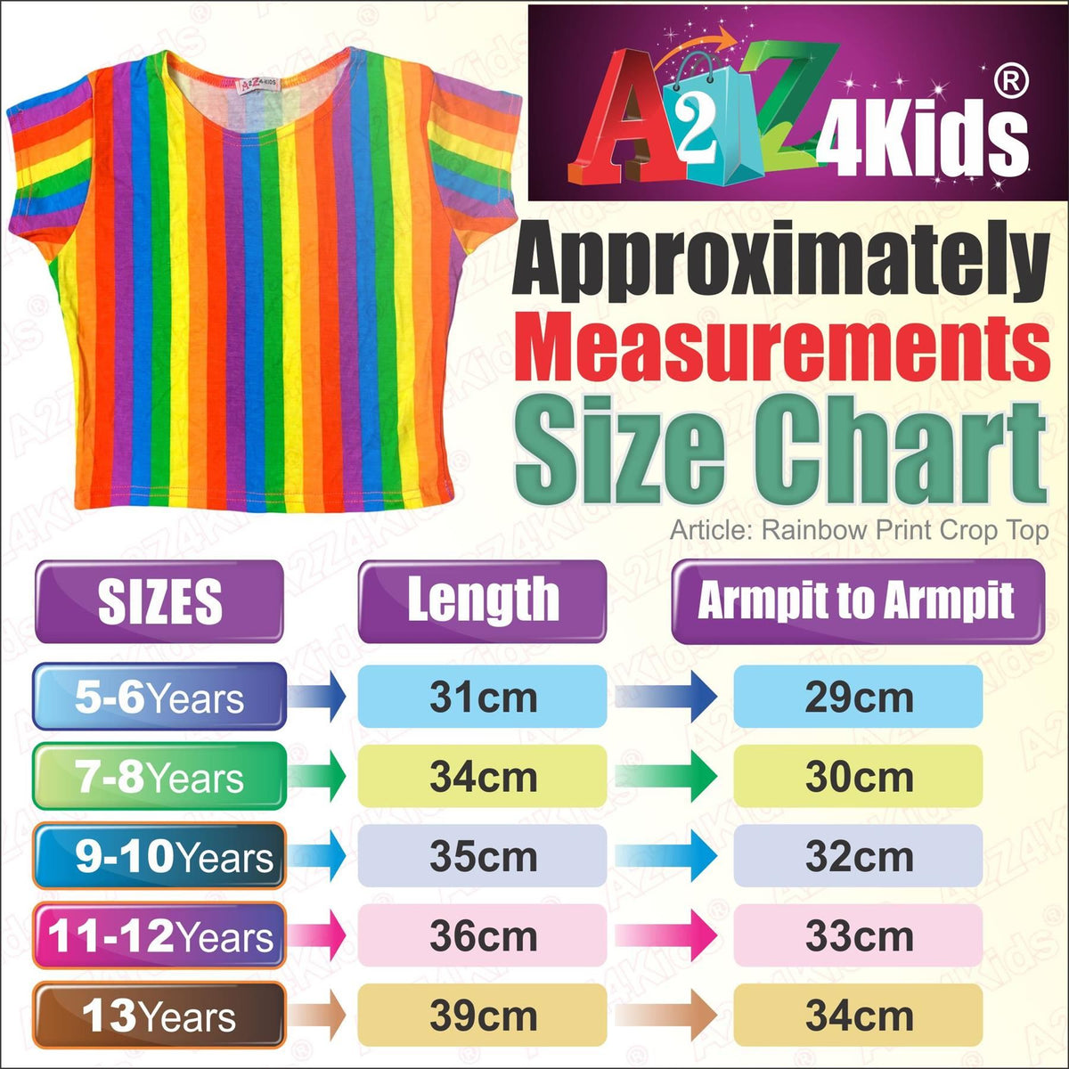Girls Rainbow Clothing Crop Tops Skirts Dresses Jumpsuits Leggings Party Wear