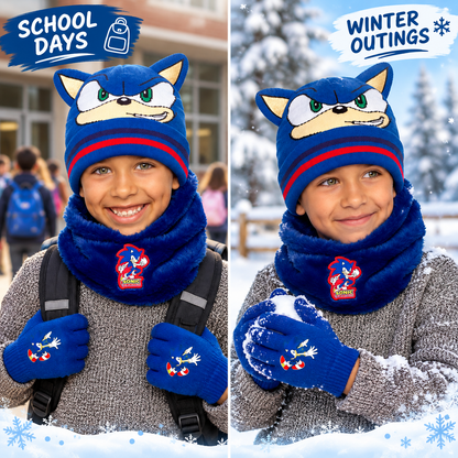 Sonic Boys Hat Gloves Snood Set Royal Blue Winter 3 Piece Officially Licensed
