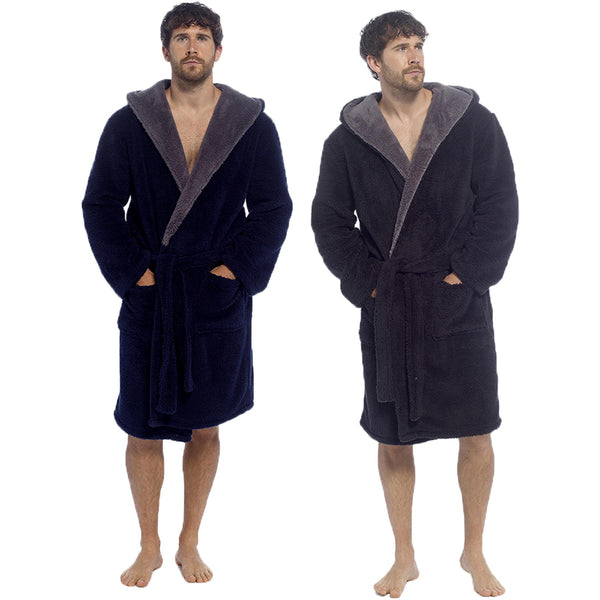 A2Z Mens Sherpa Fleece Hooded Robe Soft Warm Fluffy Bathrobe Cosy Loungewear