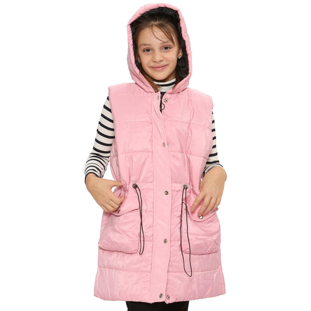 A2Z Kids Girls Down Vest Fashion Oversized Pink Hooded Quilted Gilet Padded Long Line Vest Jacket Long Sleeveless Coat Urban Winter Wear Age 7-13 Years