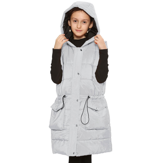 A2Z Kids Girls Down Vest Fashion Oversized White Hooded Quilted Gilet Padded Long Line Vest Jacket Long Sleeveless Coat Urban Winter Wear Age 7-13 Years