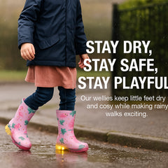 A2Z 4 Kids Girls Pink Flamingo Wellington Boots Light Up Rain Waterproof Wellies