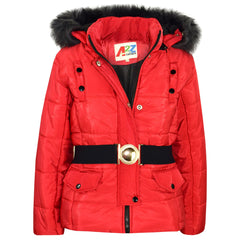 Kids Girls Puffer Jackets Faux Fur Hooded Zipped Belted Coats Age 5-13 Years