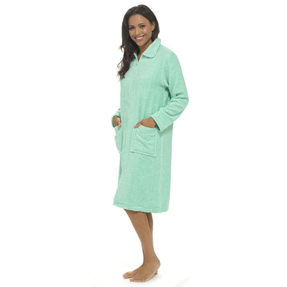 Ladies Towelling Bathrobe Front Zip Dressing Gown Long Sleeves & Deep Pockets