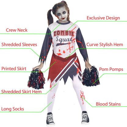 A2Z 4 Kids Girls Zombie Cheerleader Halloween Attire Top Shredded Sleeves Long Bloody Socks Cheerleading Pom Poms Outfit Halloween Parties and Trick or Treating