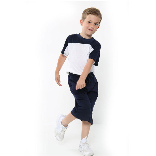 A2Z 4 Kids Two Colour Block Contrast Panel Navy Blue Top & Shorts Set Short Sleeves T Shirt Summer Outfit 2 Piece Activewear Girls Boys Age 5-13 Years