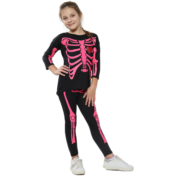 Kids Girls Skeleton Print T Shirt Top & Legging Neon Pink Halloween Costume Set
