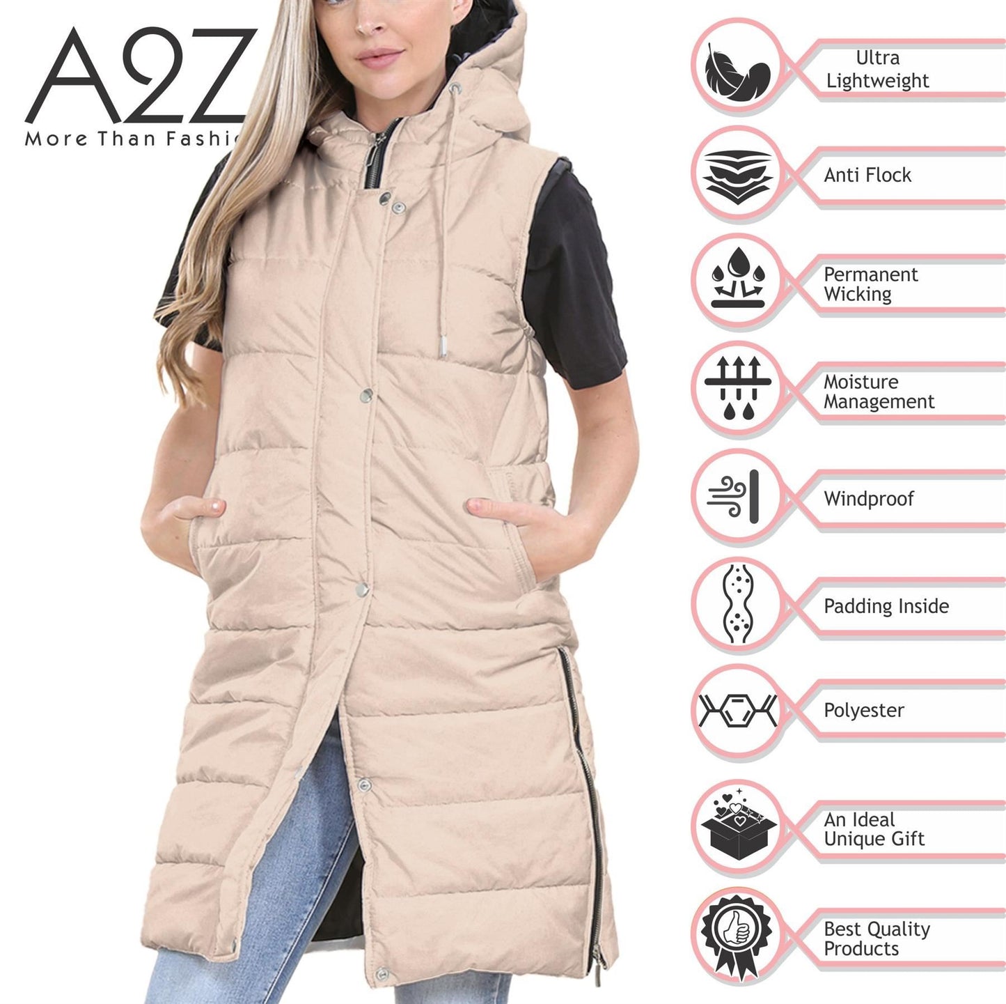 A2Z Ladies Adults Stone Hooded Quilted Gilet Padded Sleeveless Gilet Oversized Long Line Vest Jacket Sleeveless Coat Urban Winter Wear S-4XL
