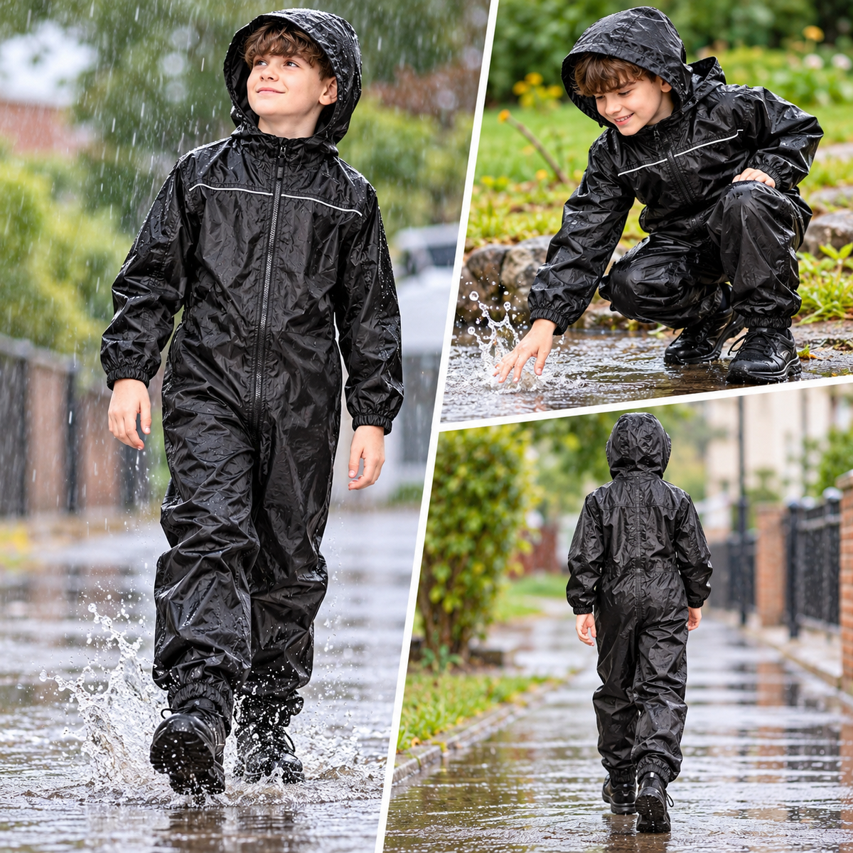 Girls Boys Raincoat Kids Puddle Suit Rainwear Waterproof Hooded Rainsuit 2-13 Yr