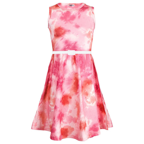 Kids Girls Skater Sleeveless Dress Pink Tie Dye Print Skater Dresses 5-13 Years