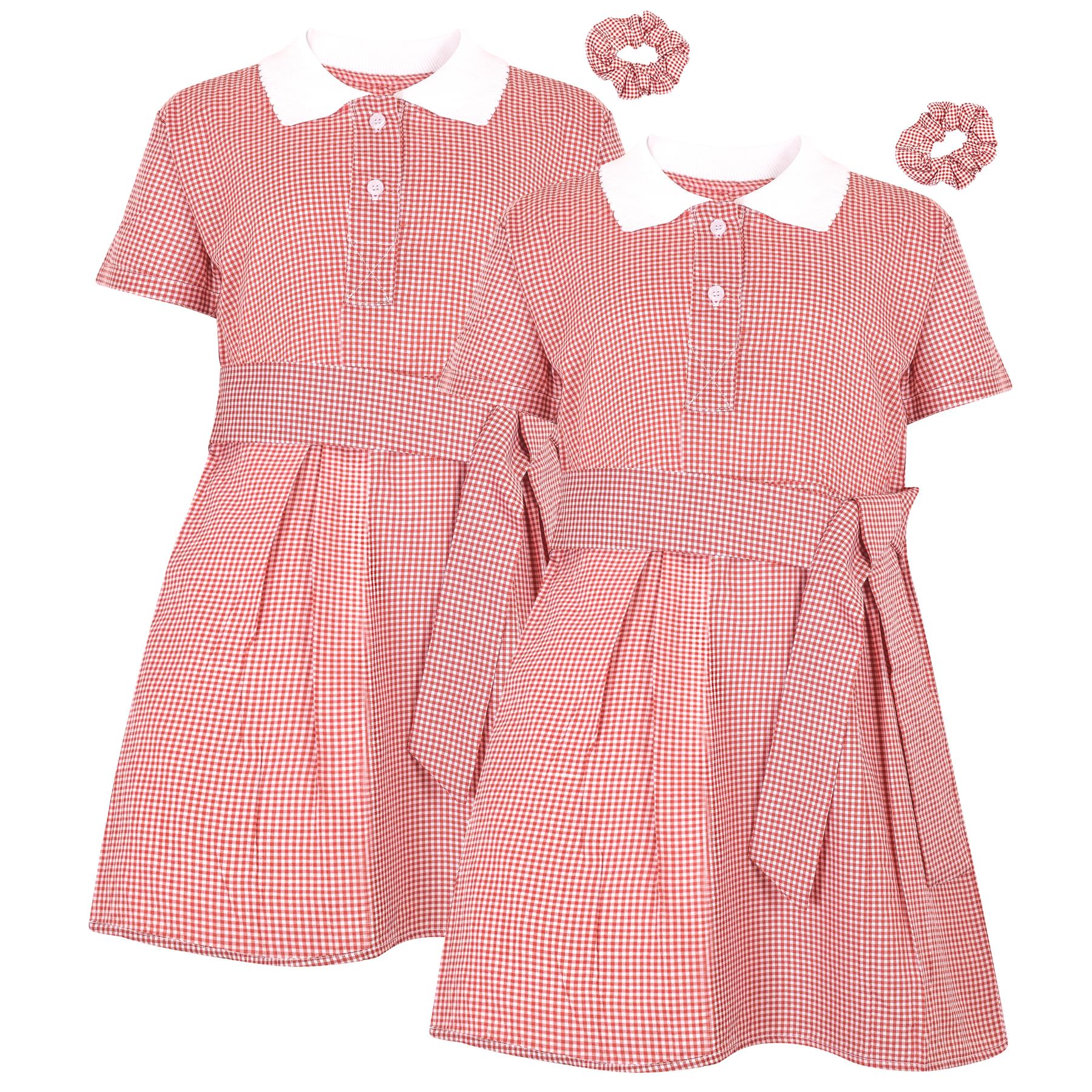 Girls 2 Pack Gingham School Dress Check Belted Dresses With Matching Scrunchies - A2Z 4 Kids