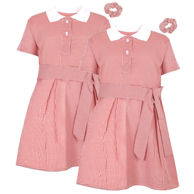 Girls 2 Pack Gingham School Dress Check Belted Dresses With Matching Scrunchies - A2Z 4 Kids