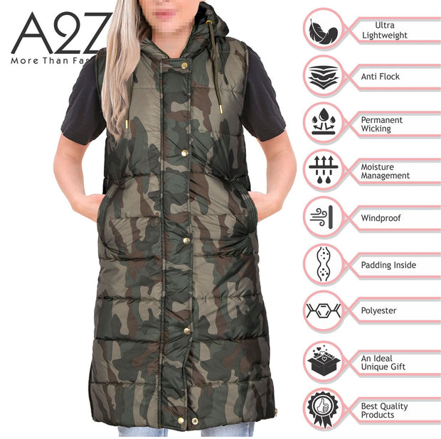 A2Z Ladies Adults Sleeveless Gilet Oversized Hooded Camo Green Quilted Gilet Padded Long Line Vest Jacket Sleeveless Coat Urban Winter Wear