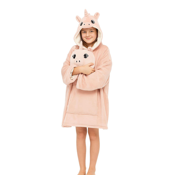 Kids Oversized Unicorn Snuggle Girls Pullover Dressing Blanket Hoodie with Bag
