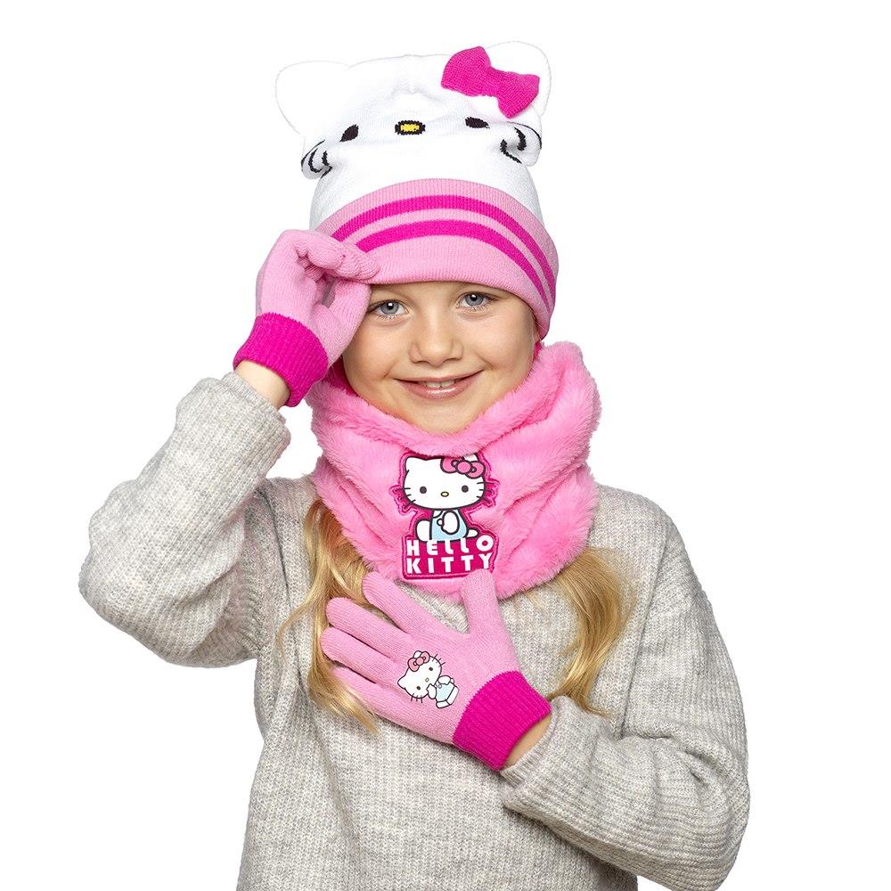 Hello Kitty Girls Hat Gloves Snood Set Pink Winter Neck Warmer Kids One Size