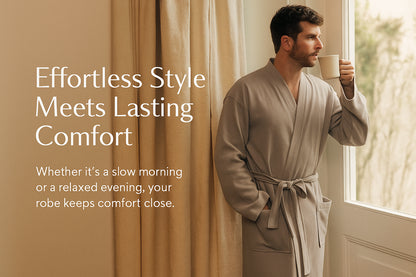 Mens Grey Texture Knitted Cotton Waffle Dressing Gown with Belt & Front Pockets