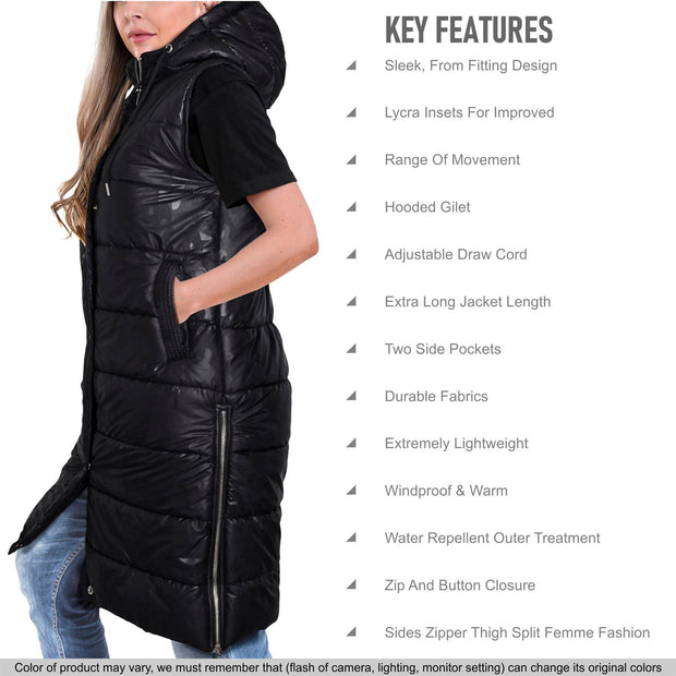 Ladies Sleeveless Gilet Oversized Hooded Quilted Gilet Padded Long Line Coat