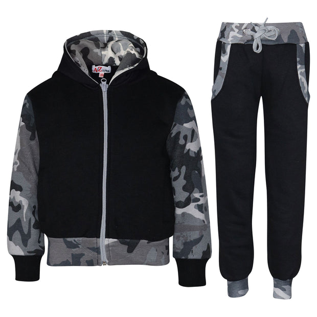 A2Z 4 Kids Unisex Tracksuit Plain & Camouflage Charcoal Print Contrast Fleece Hoodie With Joggers Jogging Suit Sweatpants Activewear Outfit Set For Childrens Girls Boys Age 2-13 Years