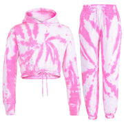 Kids Tie Dye Tracksuit Gym Cropped Hoodie Sweatpants Cord Set Girls Age 5-13