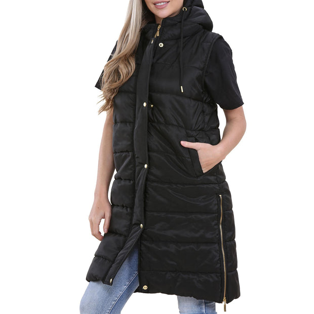 A2Z Ladies Adults Sleeveless Gilet Oversized Hooded Black Quilted Gilet Padded Long Line Vest Jacket Sleeveless Coat Urban Winter Wear