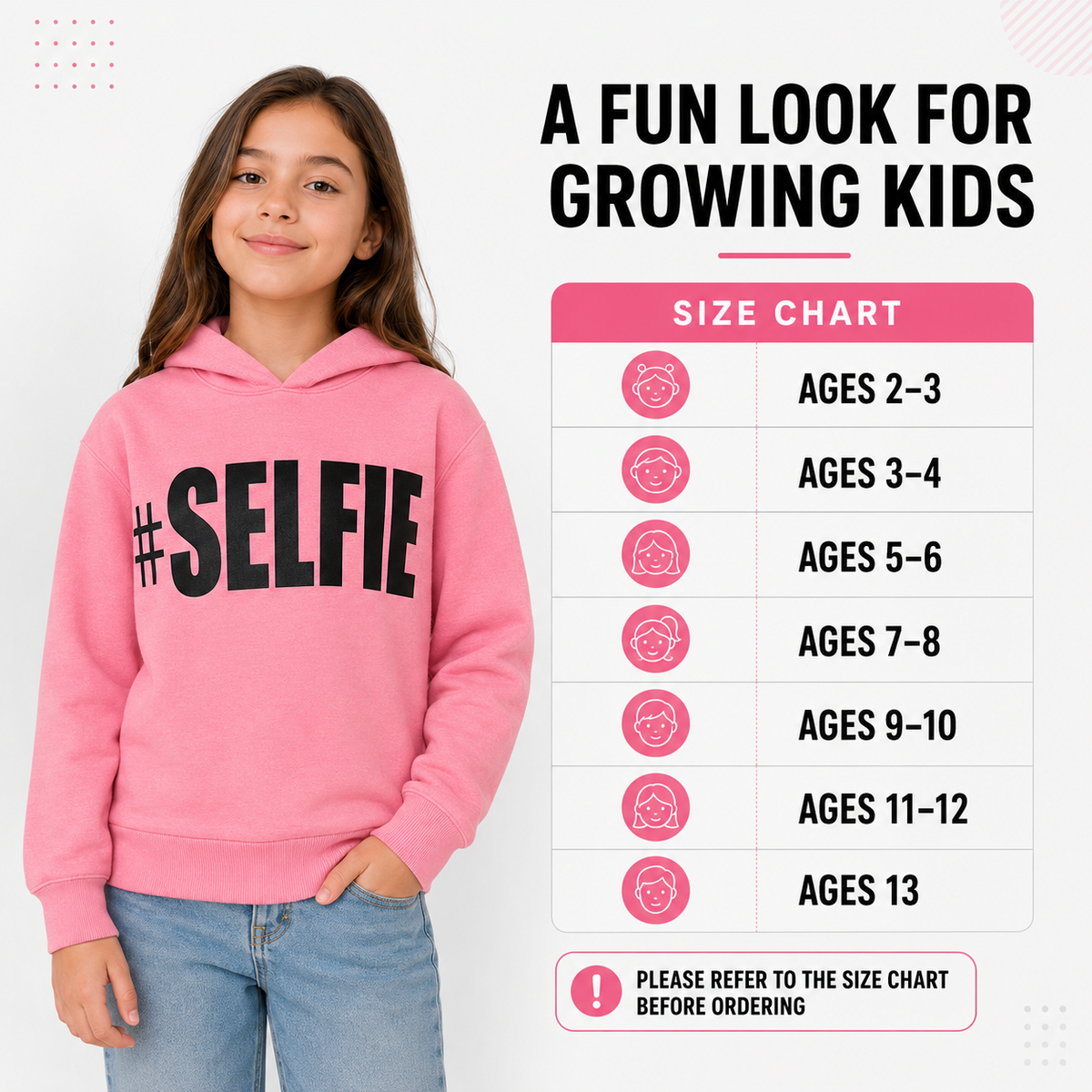 Kids Girls Boys Sweat Shirts Tops #Selfie Hooded Jumpers Hoodies New Age 2-13 Yr