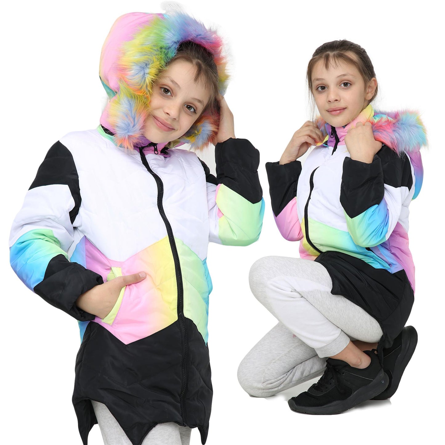 Kids Hooded Contrast Panel Puffer Coat Faux Fur Jacket For Girls 2-13yrs
