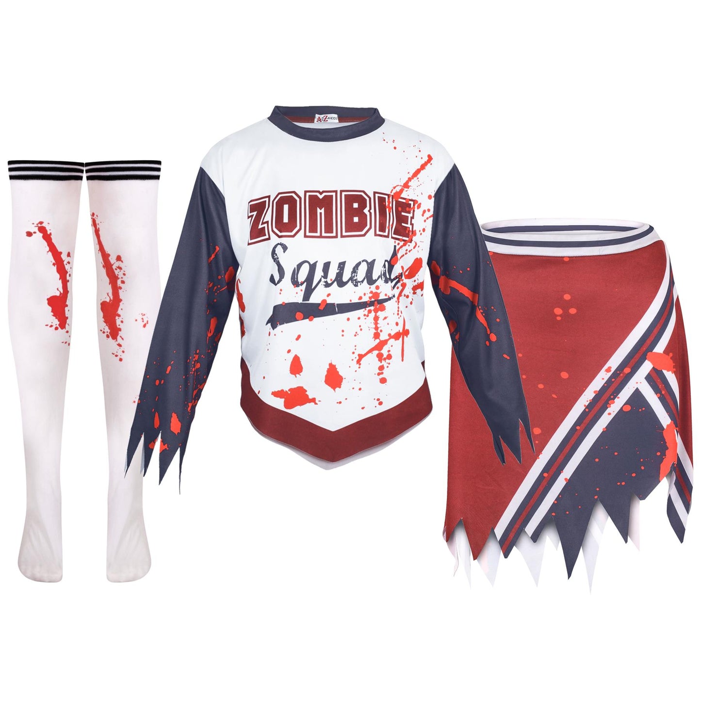 A2Z 4 Kids Girls Zombie Cheerleader Halloween Attire Top Shredded Sleeves Long Bloody Socks Cheerleading Pom Poms Outfit Halloween Parties and Trick or Treating
