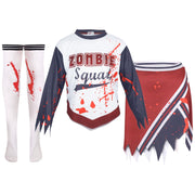 A2Z 4 Kids Girls Zombie Cheerleader Halloween Attire Top Shredded Sleeves Long Bloody Socks Cheerleading Pom Poms Outfit Halloween Parties and Trick or Treating - A2Z 4 Kids