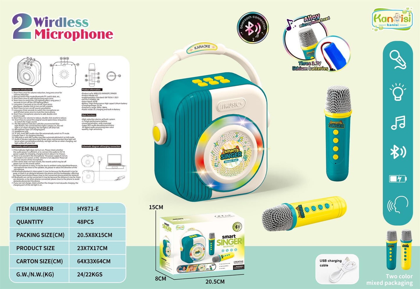 A2Z 4 Kids Bluetooth Karaoke Machine with 2 Wireless Mics & Rechargeable Speaker