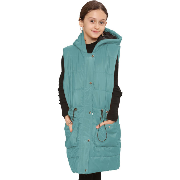 A2Z Kids Girls Down Vest Fashion Oversized Mint Hooded Quilted Gilet Padded Long Line Vest Jacket Long Sleeveless Coat Urban Winter Wear New Age 7-13