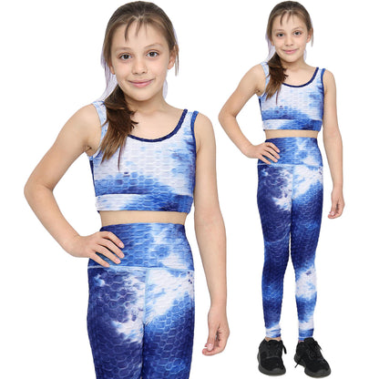 Girls Honeycomb Leggings Crop Top Vest Gym Dance Yoga Exercise High Waist Set
