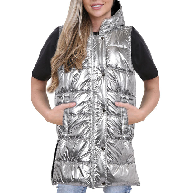 A2Z Ladies Adults Sleeveless Gilet Oversized Hooded Silver Foil Quilted Gilet Padded Long Line Vest Jacket Sleeveless Coat Urban Winter Wear