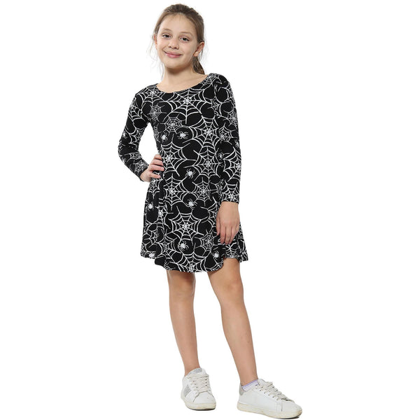 Girls Halloween Dresses Spider Web Print Swing Dress Fancy Costume Age 3-13 Year