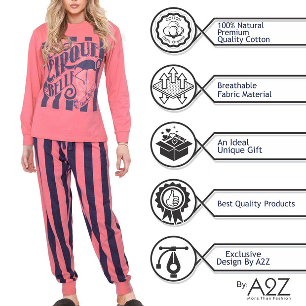 A2Z Ladies 2 Piece Pyjama Set Loungewear Soft Cotton PJS Long Sleeve Lee Cirque Belle Printed Pink Color Top Bottom Gift for Ladies Matching PJS Lounge Suit S/M/L/XL/2XL