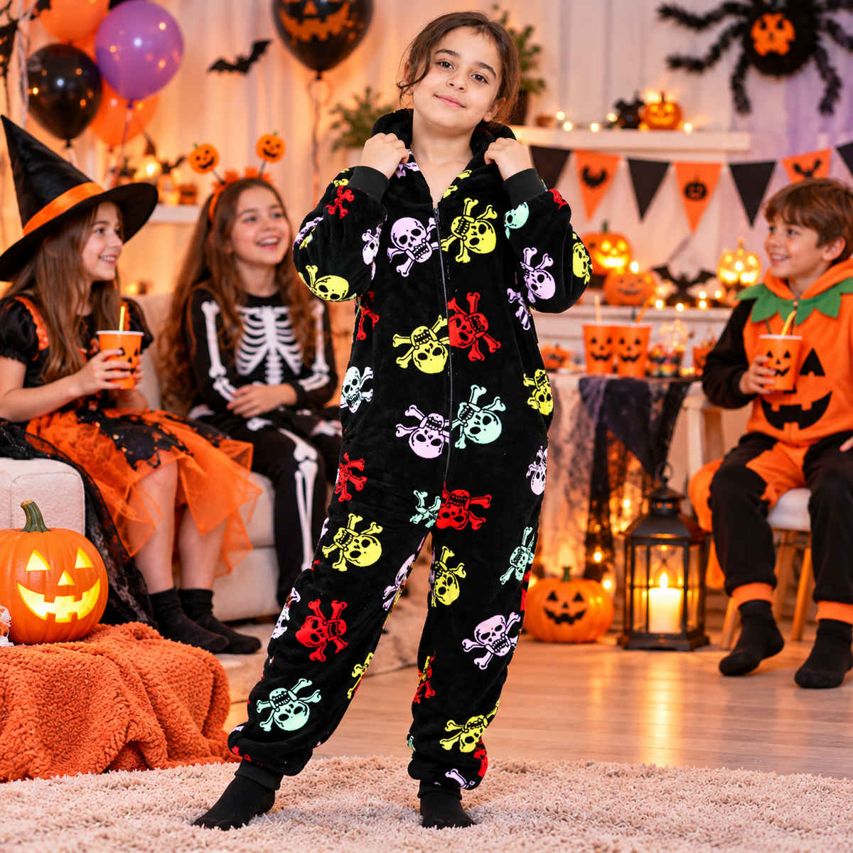 Kids Fun Halloween Skull Bones Print Onesie Pyjama Sets For Girls Boys Jumpsuit