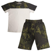 A2Z 4 Kids Two Colour Block Contrast Panel Camo Green Top & Shorts Set Short Sleeves T Shirt Summer Outfit 2 Piece Activewear Girls Boys Age 5-13 Years