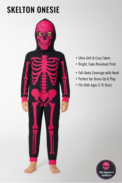 Kids Girls Boys Skeleton A2Z Onesie One Piece With Face Mask Halloween Costume
