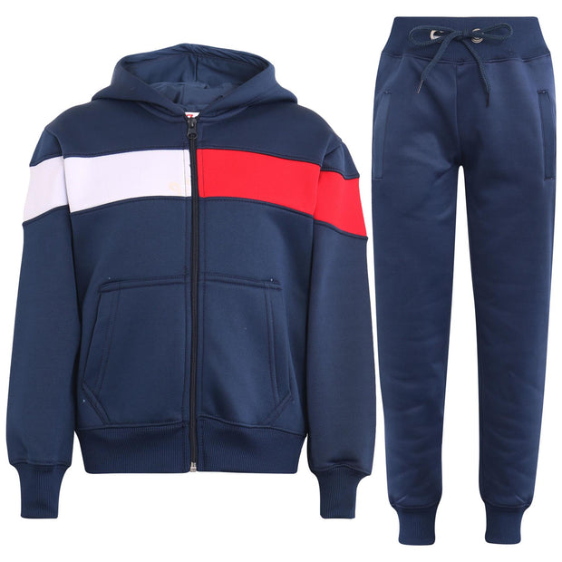 A2Z 4 Kids Girls Boys Unisex Tracksuit Designer's Contrast Panelled Fleece Navy Hooded Zip Up Hoodie & Bottom Jogging Suit Joggers Age 5 6 7 8 9 10 11 12 13 Years